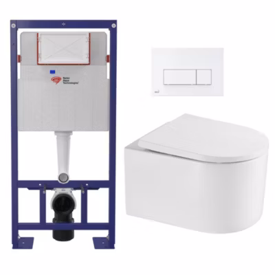 Pack WC Bâti-support Autoportant + WC sans bride SAT Delano + Abattant SoftClose + Plaque Blanche (SMART-Delano-4)