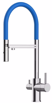 Mitigeur de cuisine 3 Voies Chromé Robinet Bec Bleu Orientable Et Douchette 2 Jets Détachable