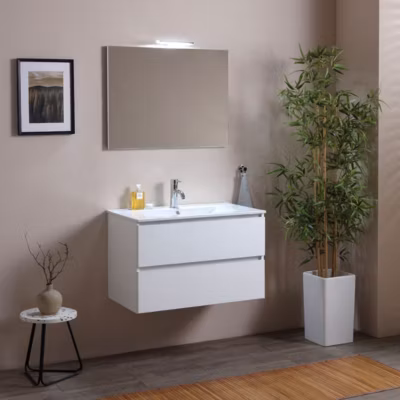 Armoire De Toilette Suspendue 80 Cm Avec Tiroirs Et Vasque En Céramique Blanc- Berlin