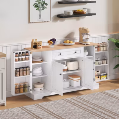 Buffet Buffet Bas avec Tiroir et Portes, Étagères Réglables et Système Anti-Basculement – MDF – Blanc+Naturel – 138x40x85 cm
