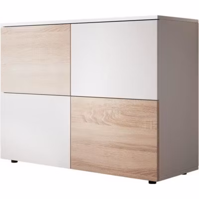 Buffet bas moderne – 4 portes, blanc/sonoma – Mélamine – L 90 x H 68 x P 34 cm