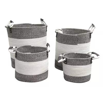 Lot de 4 paniers rond en corde de coton marron et blanc – COTON