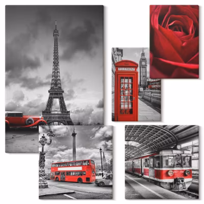 Toile Tendue 5 Pièces Wallfluent Villes Emblématiques Londres Paris Chemin De Fer Harmonieux Salon Salle à Manger