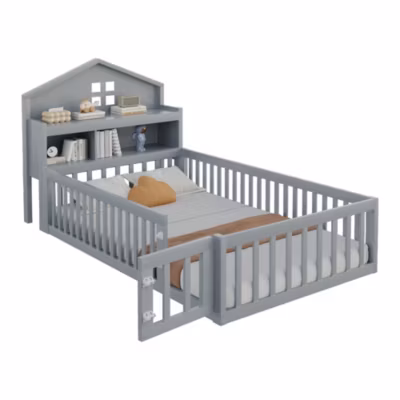 Lit 90×200 cm en bois massif avec cadre maison étagères rangement barrière porte étagères pour images sommier gris