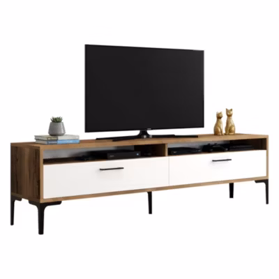 Meuble TV Eltanin, Buffet de salon, Armoire basse pour TV, Base murale de rangement, 47x35h180 cm, Noyer et Blanc