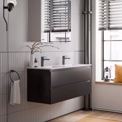 Meuble double vasque suspendu MDF Noir mat, lavabos Blanc brillant + trous robinets, trop plein & Bondes – 120x46x50cm – AVA