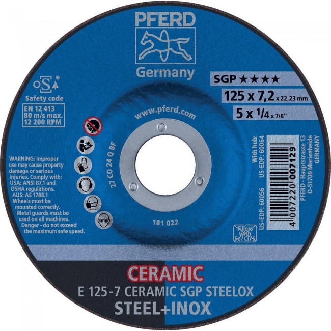 10 disques à ébarber déporté céramique spécial acier + inox – 125x7x22,23mm – 7129 PFERD