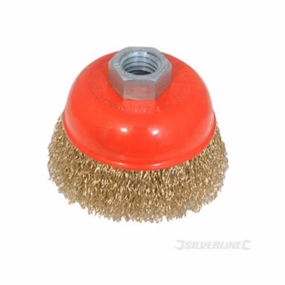 Brosse boisseau – Silverline – 75 mm – Acier laitonné – Élimination rouille – Filetage M14 x 2