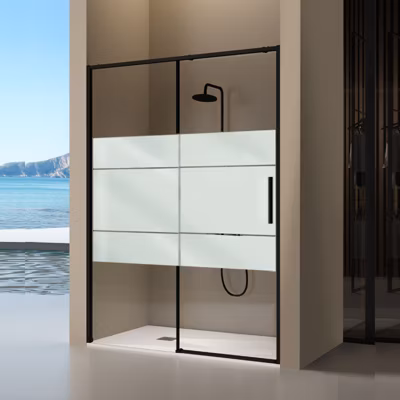 Paroi de douche coulissante DELTA – Noir Mat – Sérigraphié – 106-108.6 cm – Fermeture amortie – Réversible – Anticalcaire