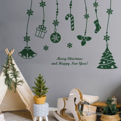 Sticker Merry christmas and happy new years – 50x65cm – vert – Autocollants adhésifs noël – décoration fêtes