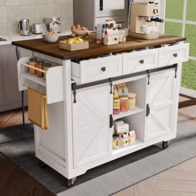 Table de Bar Extensible avec 2 Portes Coulissantes et 3 Tiroirs, Meuble Bar Multifonction sur Roulettes, Métal et MDF, Beige