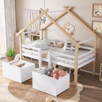 Lit enfant 90×200 cm – Lit Simple Cabane avec Escalier et 2 Rangements, Sans Matelas – Pin Blanc et Naturel