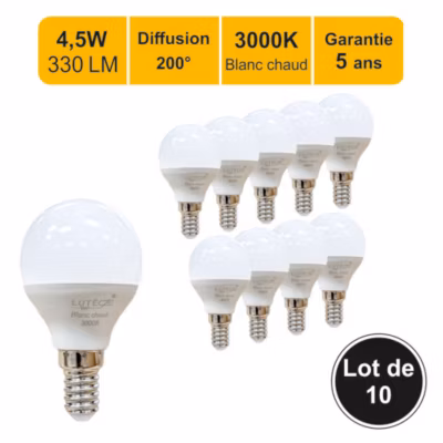 Lot de 10 ampoules LED E14 4,5W 330Lm 3000K – garantie 5 ans