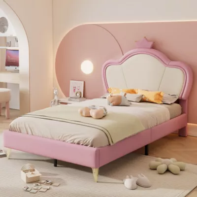 Lit 90×200 cm pour enfant tapissé PU blanc et rose avec tête de lit couronnée et bords rembourrés, pieds métal