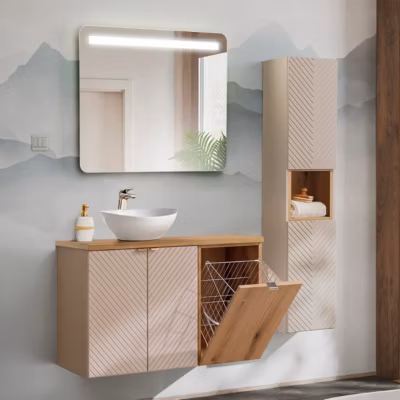 Ensemble meuble simple vasque 100cm 2 portes panier à linge et colonne Manoa Cachemire et Bois