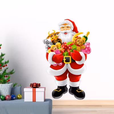 Sticker Noël le Père Noël apporte les cadeaux – Autocollants stickers adhésifs noël – décoration fêtes – 170x105cm
