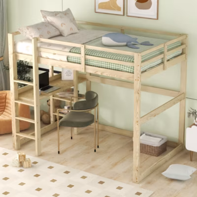 Lit Mezzanine 140×200 cm – Lit en Bois avec Bureau et 4 Compartiments de Rangement, Lit en Pin Naturel, Sans Matelas