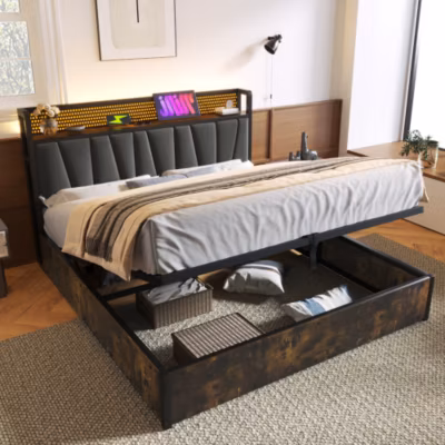 Lit coffre 140×200 cm avec ports USB et LED – tête rembourrée – tissu en lin – avec sommier à lattes – Gris