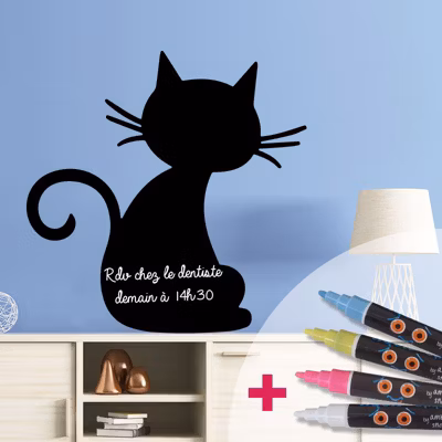 Sticker ardoise tableau noir – stickers muraux adhésif effaçable – CHAT NOIR + 4 CRAIES LIQUIDES – 65x65cm