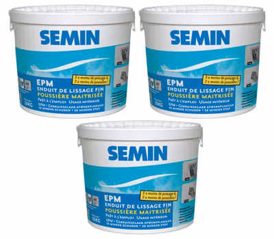 Enduit de Lissage Semin – Poussière Maîtrisée – Finition des Murs – 3 Fois Moins de Ponçage – Intérieur – Seau de 25 kg (lot de 3)