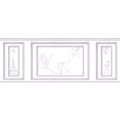 Papier peint bois trompe l&rsquo;oeil, motif personnages rigolots, 75 cm X 200 cm, soubassement panoramique boiserie.