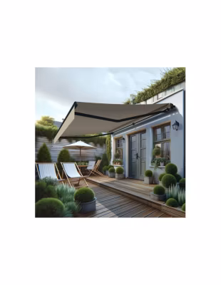 Store banne monobloc MEILE 4,80 x 3,50m (Motorisé à interrupteur + manœuvre de secours – Beige – Gris anthracite)