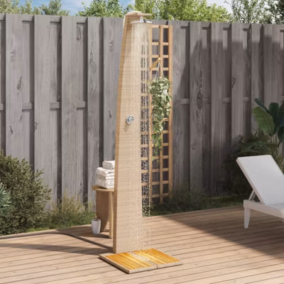 Douche d extérieur beige 55x60x224cm résine tressée bois acacia