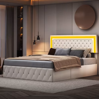 Lit coffre 140×200 cm en velours – avec LED et sommier à lattes – Lit double de rangement – avec tête de lit réglable – Beige