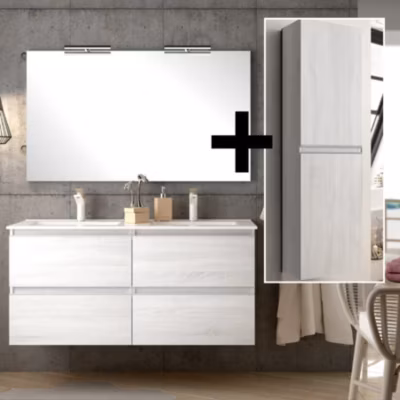 Ensemble meuble de salle de bain 140cm double vasque + colonne de rangement – BALEA – hibernian (bois blanchi)