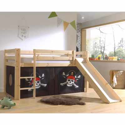 Lit Mi-Hauteur 90×200 Toboggan sommier inclus housse Pirate Vipack Pino Bois