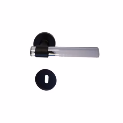 Poignées de porte « JOY » INCOLORE Plexiglass Cristalline Pied Inox Noir – +1 Paire de rosaces à trou de clé