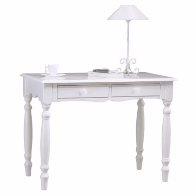 Bureau Blanc 2 Tiroirs Style Anglais PIeds Tournées L 100 H 74.3 P 56.4 cm – L 100 x l 56.4 x H 74.3 cm