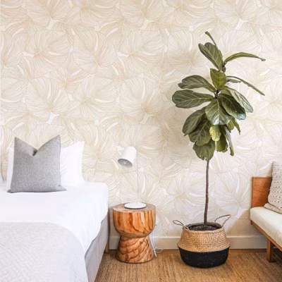 Papier peint adhésif palmettes sable et blanc en vinyle lavable et amovible – 1 rouleau 50×300 cm – Decochic