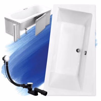 Baignoire asymétrique 150 x 90 Droite INFINITY acrylique blanc + Habillage en polystyrène + Pieds + Vidage à chromé