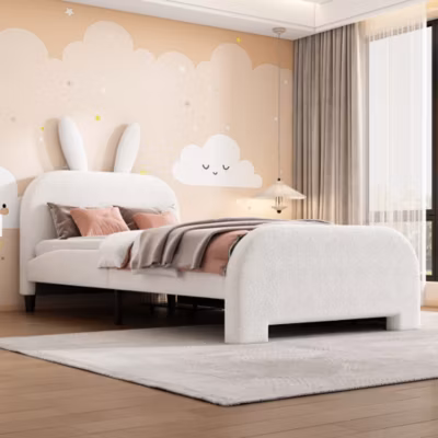 Lit bas rembourré 90×200 cm blanc pour enfants, forme lapin cartoon, tissu laine résistant, 2 tiroirs de rangement