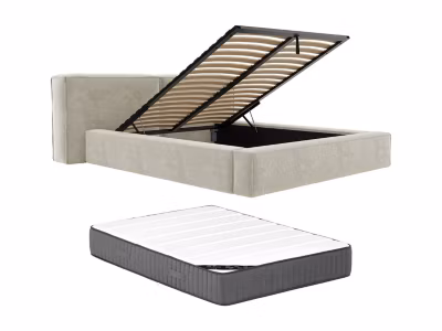 Lit coffre 160 x 200 cm – Tissu bouclette – Beige + Matelas – TIMANO