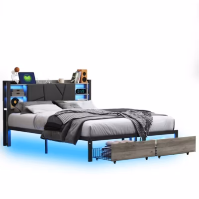 Lit Double Rembourré 160 X 200 Cm Avec Éclairage LED, Port USB Et Rangements, Cadre De Lit En Métal