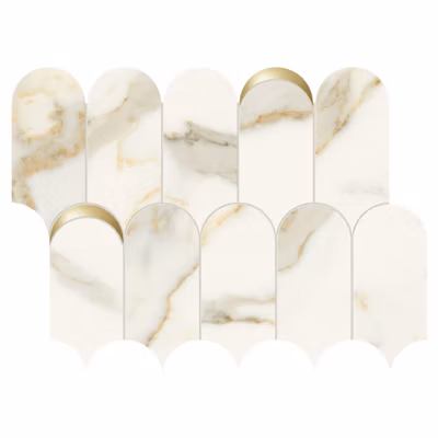 Mosaïque mur effet marbre décor orné d&rsquo;inserts en or beige 41,02X30,3 cm – SCULTOREA Calacatta oro fino tessere arco oro reflex