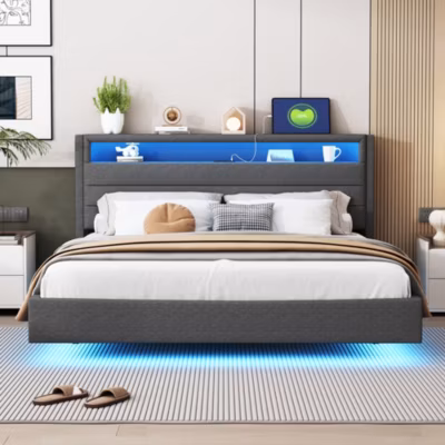Lit 160×200 cm tapissé en lin gris avec prise USB, LED multicolores, tête de lit réversible et pieds dissimulés