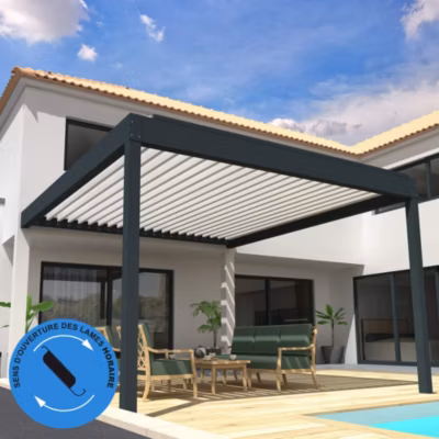 Pergola Bioclimatique COCOON XL perpendiculaire Mixte Gris anthracite / Blanc 6,015×3,00m  Kit LED 3 cotés – Ouverture horaire