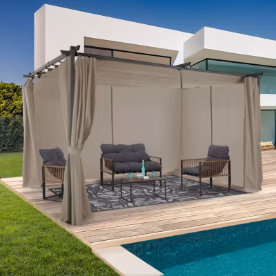Pergola édition limitée toit rétractable 3×4 M et 4 rideaux taupe
