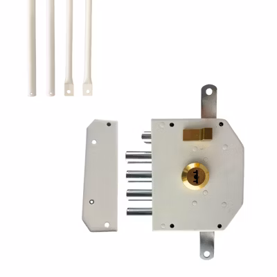 Serrure de sûreté pour porte d&rsquo;entrée avec tringles – En Applique – 6 points – Blanc – Gauche – Axe 60 mm – 5 clés