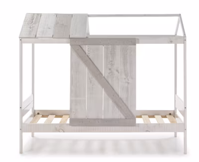 Lit enfant cabane en MDF et pin coloris blanc, gris clair – Longueur 197,6 x Profondeur 101,70 x Hauteur 174,50 cm