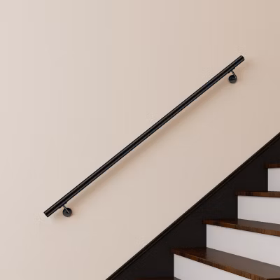 Main courante 180cm, inox 304, Noir mat, rampe d&rsquo;escalier ronde, avec 2 supports muraux, intérieur & extérieur