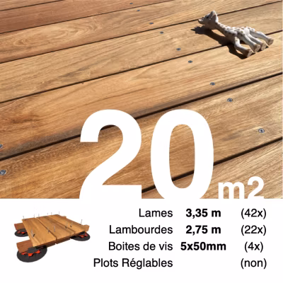 Kit terrasse bois exotique JATOBA pour 20 m², Lames 3,35 m, lambourdes 3,05 m et visserie Inox.