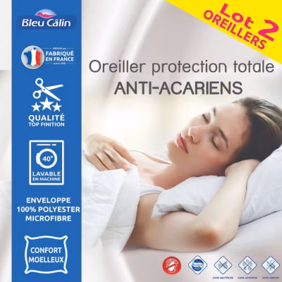 Oreillers Bleu Calin 60 x 60 cm Lot de 2 Anti acariens traité ESSENTIAL