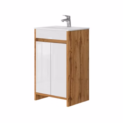 Vicco Ensemble meubles bain Chêne de force doré 2 parties, avec lavabo et 2 portes battantes