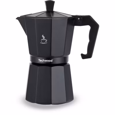 Cafetière Moka Traditionnelle en Aluminium  Techwood TCA-006 – 6 Tasses – Utilisable sur tous types de feux – Coloris Noir