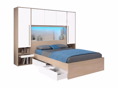 Lit pont 140 x 190 cm avec rangements – Avec LEDs – Coloris : Naturel et blanc brillant – VELONA