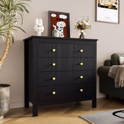 Buffet 5 tiroirs, rangement élégant avec poignées dorées pour chambre et salon, panneau de particules, 79×39,5×80,5 cm, noir